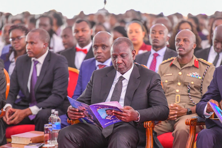 President William Ruto at funeral service of Pauline Nyokabi Kuria, the sister to CS Moses Kuria on Monday 23, 2022.