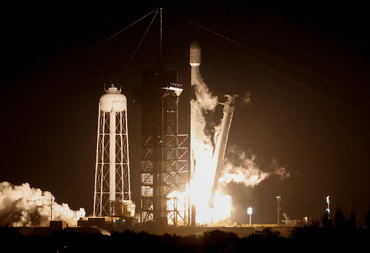 A SpaceX Falcon 9 rocket lifts off on the IM-1 mission with the Nova-C moon lander built and owned by Intuitive Machines from the Kennedy Space Center in Cape Canaveral, Florida, US, on February 15 2024. The mission will attempt to deliver science payloads to the surface of the moon for Nasa's Commercial Lunar Payload Services programme.
