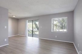 Spacious apartment interior with wood plank floors, white walls, and ample natural light from sliding door and window.