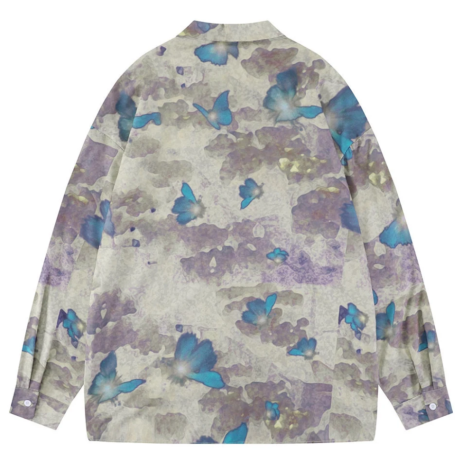 Camicia uomo a maniche lunghe con stampa farfalla tie dye, comoda e alla moda. Perfetta per un look casual e originale, adatta a ogni occasione.