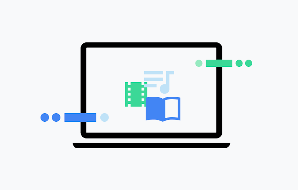 A computer with music, movie and book icons representing topics of web browsing.