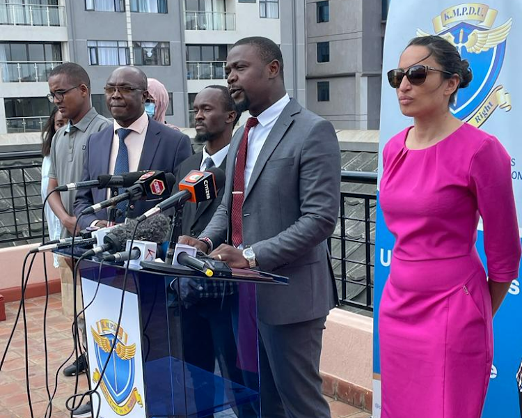 KMPDU officials led by Secretary general Davji Atella during a past press briefing.