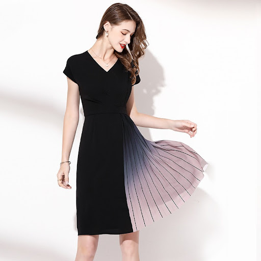 Title 3, Slim Gradient Pleated Patchwork Black Dress, de...