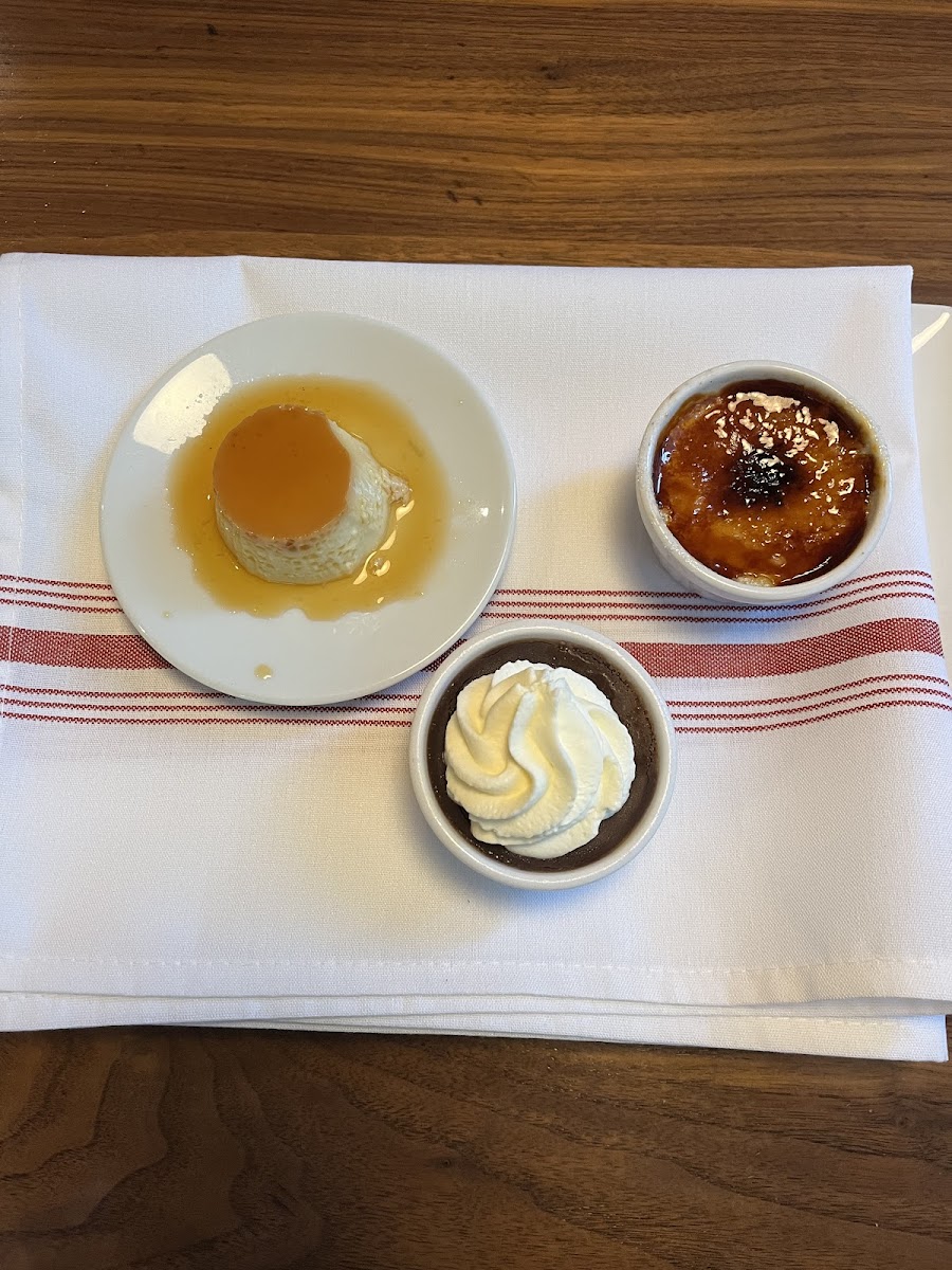 Three Cremé dessert, creme brulee, caramel creme, and chocolate creme