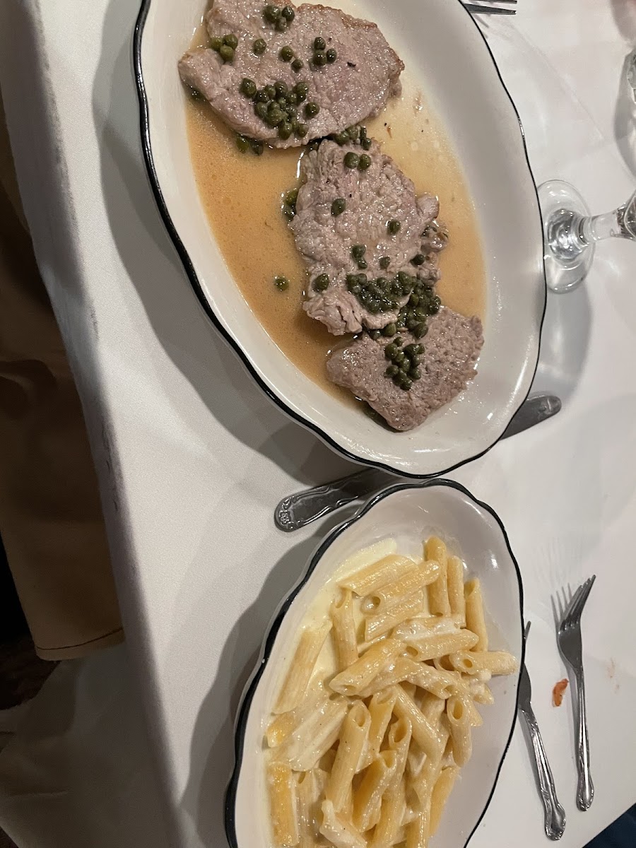 Veal piccata and gluten free pasta with alfredo