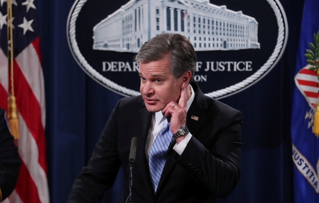 FBI Director Christopher Wray during a news conference on the arrest of suspect Cesar Sayoc on charges of sending at least a dozen parcel bombs to Democratic politicians and high-profile critics of President Trump at the Justice Department in Washington, US, October 26, 2018.