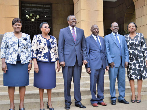 Chief Justice David Maraga and newly sworn-in NGEC commissioners Joyce Mutinda, Priscilla Nyokabi and Mureithi Chomba at the Supreme Court, August 29 last year