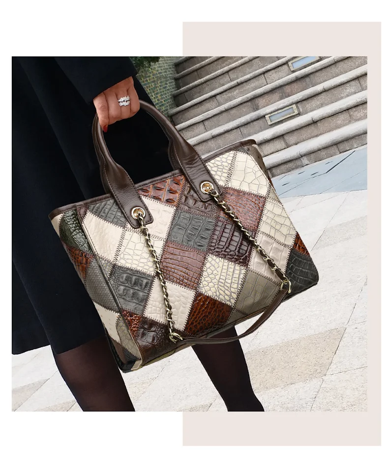 Women's Genuine Leather Bag, Light Luxury, High-Grade Contrast Color Plaid, Trendy Design, Direct from Factory.