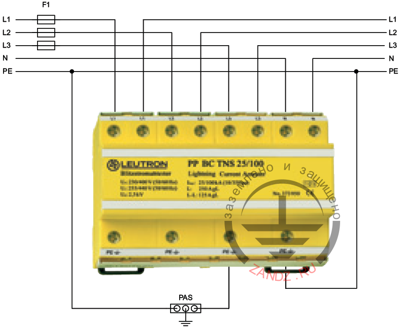 Diagram of connection of the surge protection device of class 1+2+3