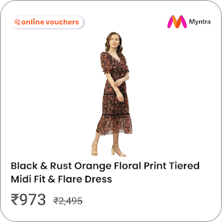 Black & Rust Orange Floral Print Tiered Midi Fit & Flare Dress