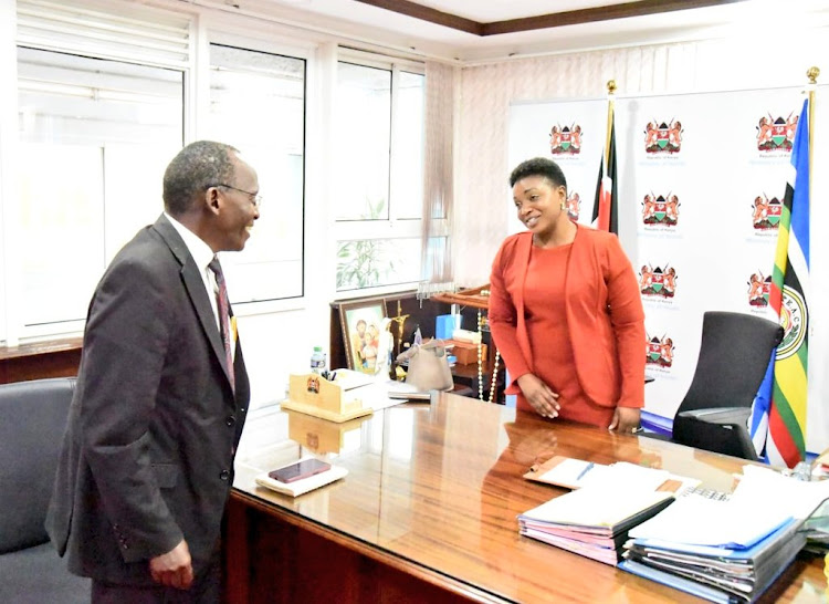 Wilfred Lesan when he paid the Health CS Susan Nakhumicha a courtsey at her office in Nairobi on March 14, 2023.