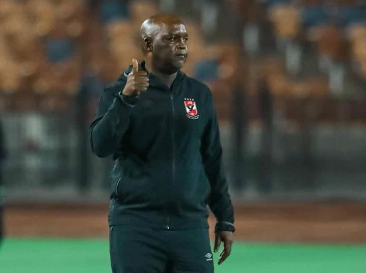 Al Ahly coach Pitso Mosimane reacts during his team's 5-3 Egyptian Premier League win against Zamalek at Cairo International Stadium on Friday, November 5 2021.