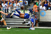 Damian Willemse of the Stormers dives over for a try in the Champions Cup, round of 16 match against Harlequins in Cape Town.