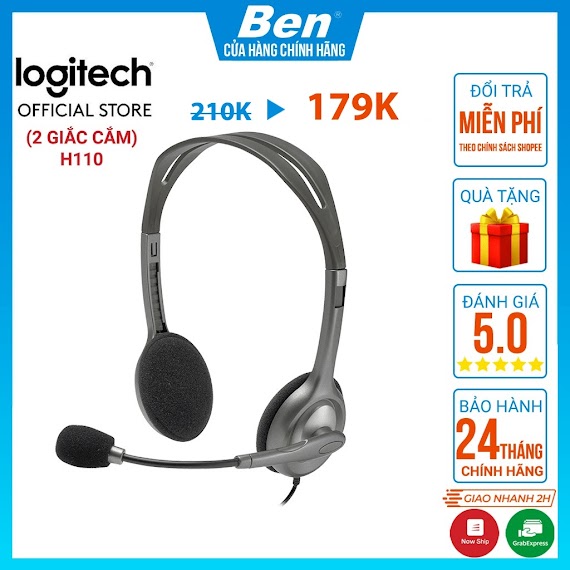 Tai Nghe Chụp Tai Logitech H110 (2 Giắc) - Âm Thanh Nổi - Tai Nghe Có Dây Logitech Bh 12T