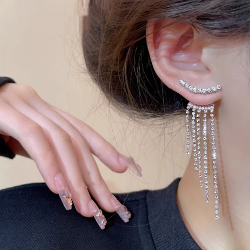 Title 4, Sterling silver needle sparkling long fringed z...