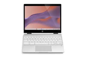 Vue aérienne d'un Chromebook HP x360 12b avec l'écran incliné vers l'arrière pour montrer la flexibilité.