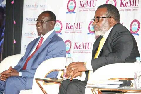 Meru Governor Kiraitu Murungi and Senator Mithika Linturi during the governors debate held at the Kenya Methodist University on Monday, May 23.