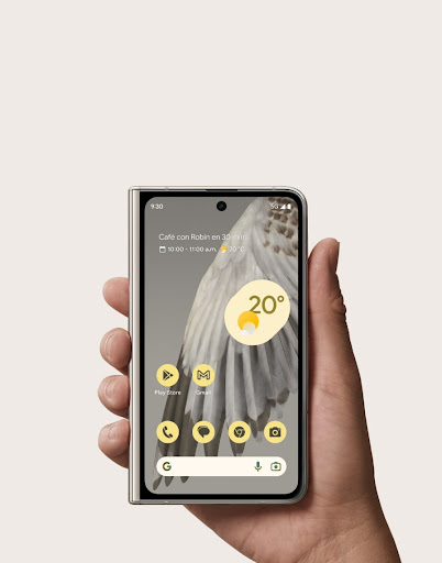 Una mano sostiene el Pixel Fold de frente y se muestra una hermosa ala en la pantalla