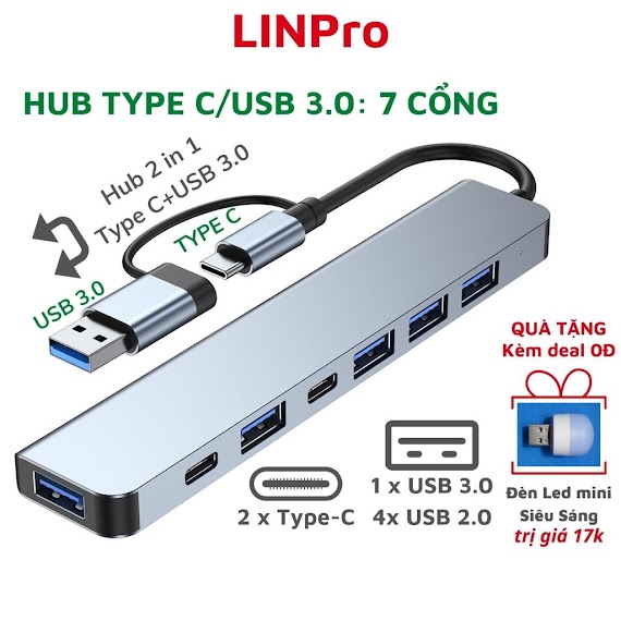 Cổng Chia Usb 3.0/Hub Type C All In 1 Hub Usb Mở Rộng 7 Cổng Kết Nối Đa Năng Cho Máy Tính Laptop Và Pc - Linpro