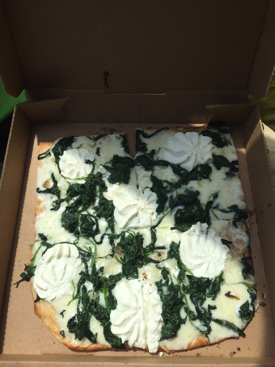 Veggie #8... Sautéed spinach, garlic, mozzarella and ricotta cheese... Amazing!! This is their "personal" size and gluten free clearly labeled on box..