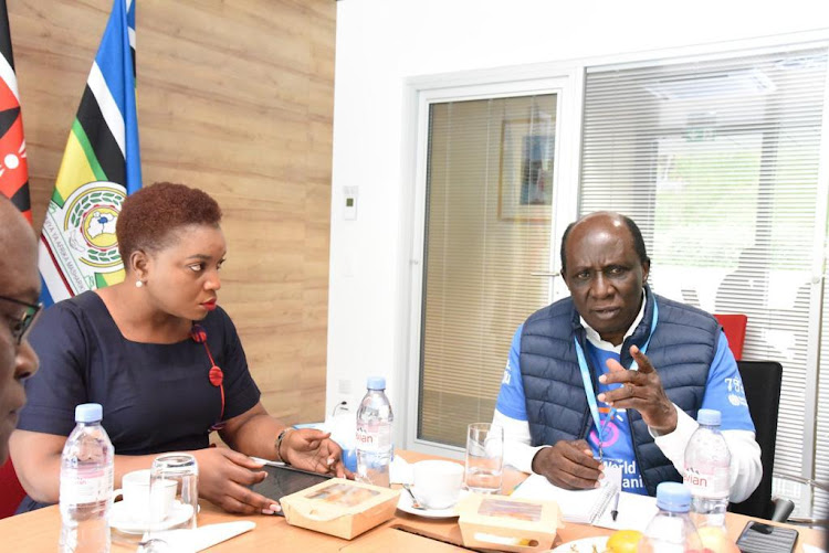 Health CS Susan Wafula and James Nyikal during the ongoing Seventy-sixth World Health Assembly in Geneva, Switzerland