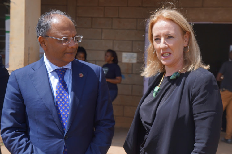 Technical and Vocational Education Training PS Kevit Desai and Ireland ambassador Fionnuala Quinlan at Ngarariga Girls' High school in Kiambu county on Saturday.