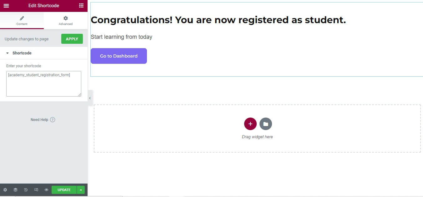 academy lms student registration shortcode using in elementor 