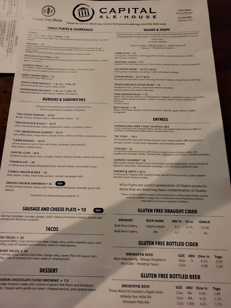 Capital Ale House gluten-free menu