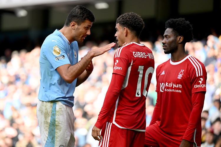 Morgan Gibbs-White of Nottingham Forest holds his neck after clashing with Rodri of Manchester City during the Premier League match between Manchester City and Nottingham Forest at Etihad Stadium in Manchester, England, September 23 2023. Picture: MICHAEL REGAN/GETTY IMAGES