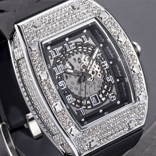 Title 3, Full Diamond Tonneau Silicone Band Quartz Mens...