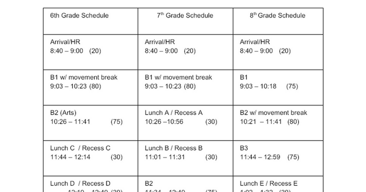 Arts Middle Schedule 2020-2021