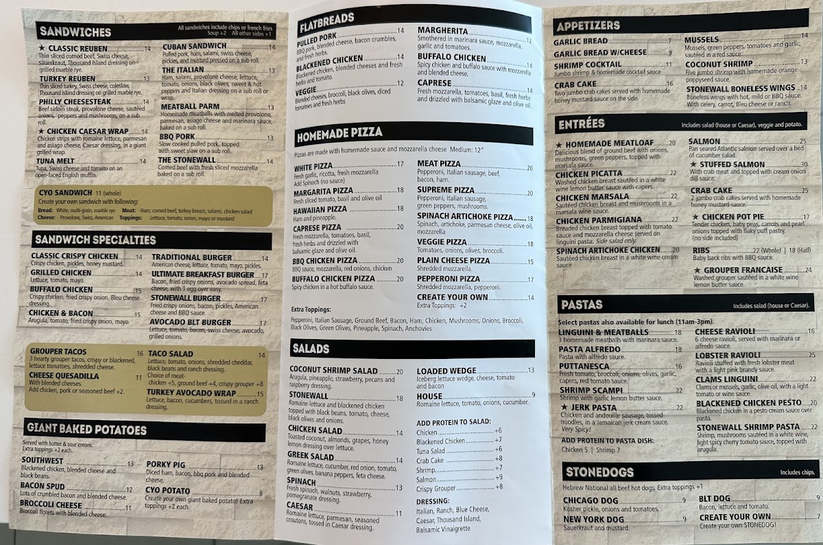 STONEWALLS gluten-free menu