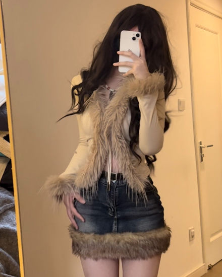 Washed Fur Paneled Denim Skirt for Women Retro Sexy Hot G... - 0