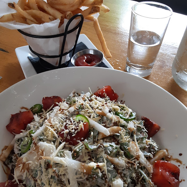 Grilled watermelon salad and french fries