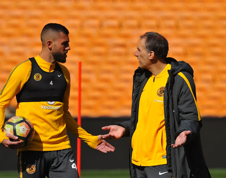 Kaizer Chiefs head coach Giovanni Solinas and defender Daniel Cardoso in a discussion during the club's media day at their training base in Naturena, south of Johannesburg, at FNB Stadium on July 20 2018.