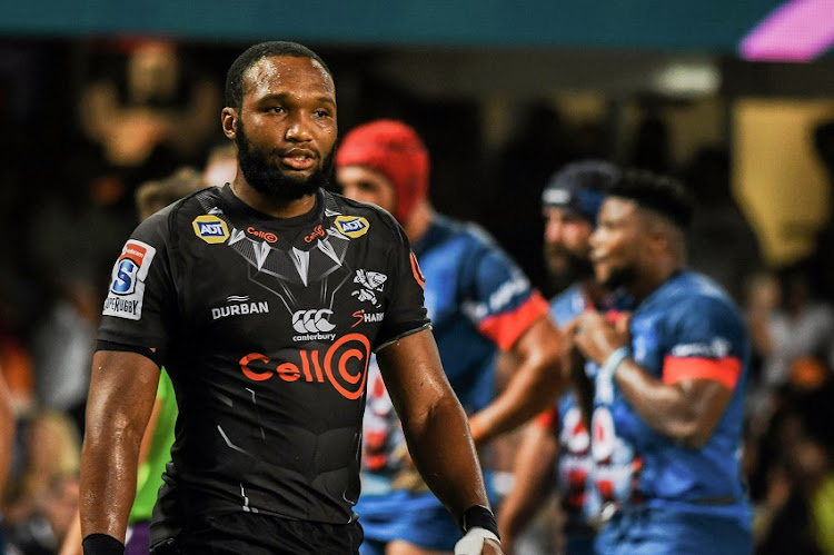 Lukhanyo Am of Cell C Sharks during the Super Rugby match between Cell C Sharks and Vodacom Bulls at Jonsson Kings Park Stadium on January 31, 2020 in Durban, South Africa.