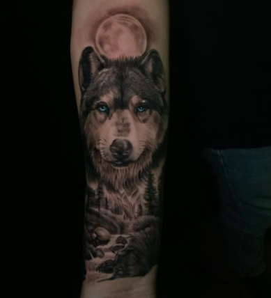 Forearm Black And Gray Alpha Wolf Tattoo