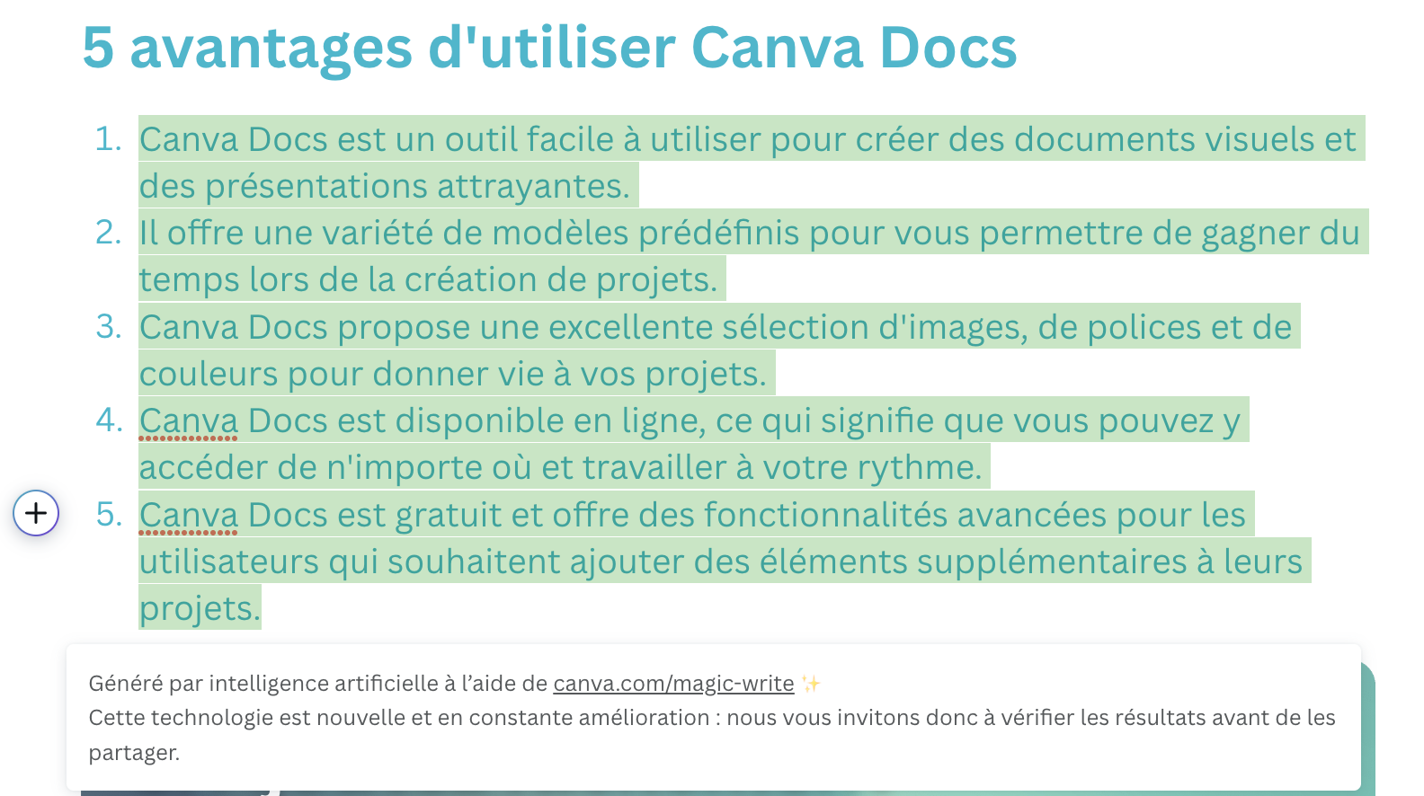 Texte généré par l'intelligence artificielle de Canva Docs