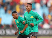 Mamelodi Sundowns players Toni Silva (R) and Andile Jali go through their paces at training August 4 2018.