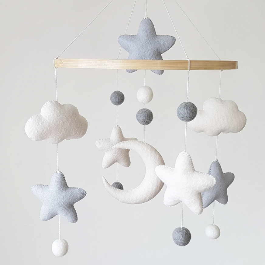 felt white and grey moon and stars mobile 