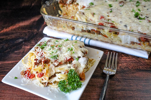 Baked Spaghetti on a plate.