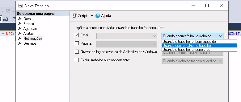 Janela com opções de Geral, Etapas, Agendas, Alertas, Notificações demarcado em vermelho e Destinos. Ao lado no centro, opções de Ação com envio por e-mail, Página, Gravar no log de eventos de Aplicativos do Windows e Excluir trabalho automaticamente.