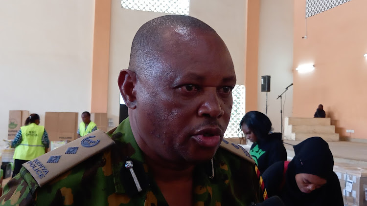 Msambweni subcounty police commander Francis Gachoki speaks in an interview on election preparedness in Kwale on August 8