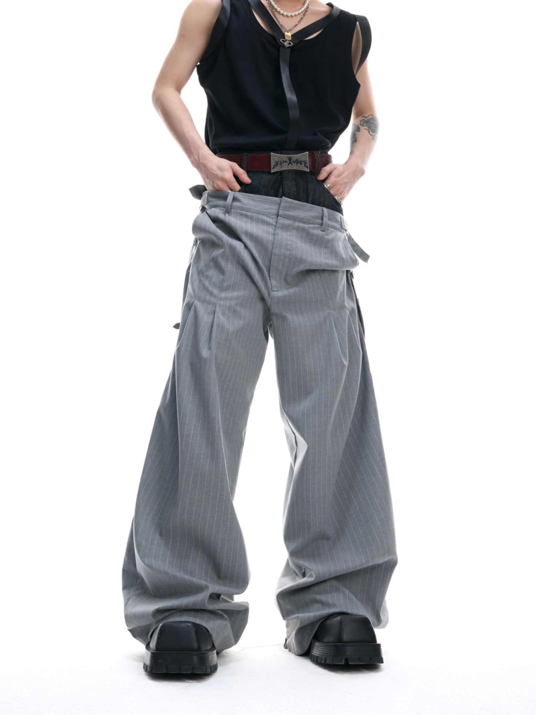 Title 5, Niche Double Waist Striped Suit Pants, Raw Deni...