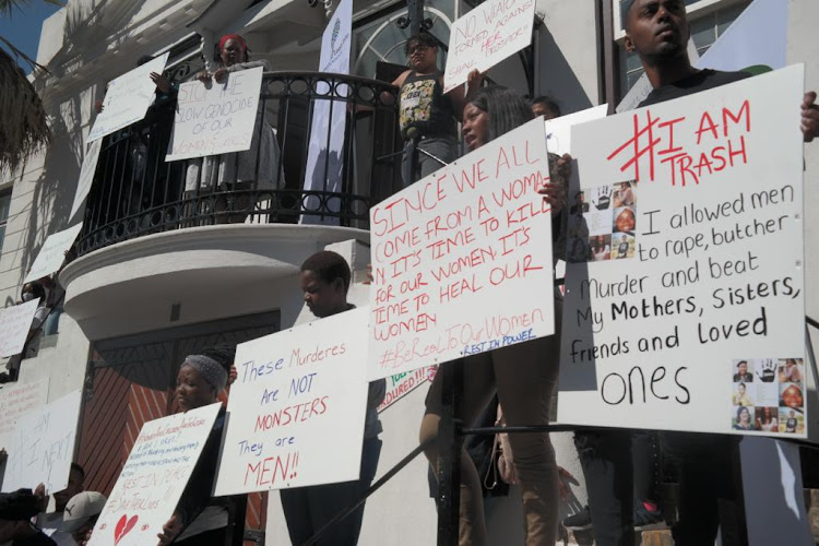 Picket against femicide, violence against women and girls outside the Desmond and Leah Tutu Foundation on Tuesday.