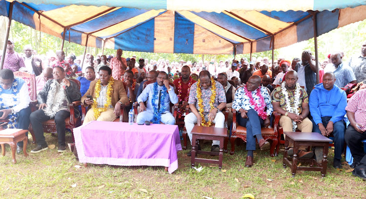 Wiper leader Kalonzo Musyoka, DAP-Kenya leader Eugene Wamalwa and Wycliffe Oparanya during a church service at Luanda, Vihiga on November 12, 2023.