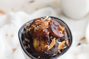Dark Chocolate Avocado Mousse with Coconut Caramelized Bananas.