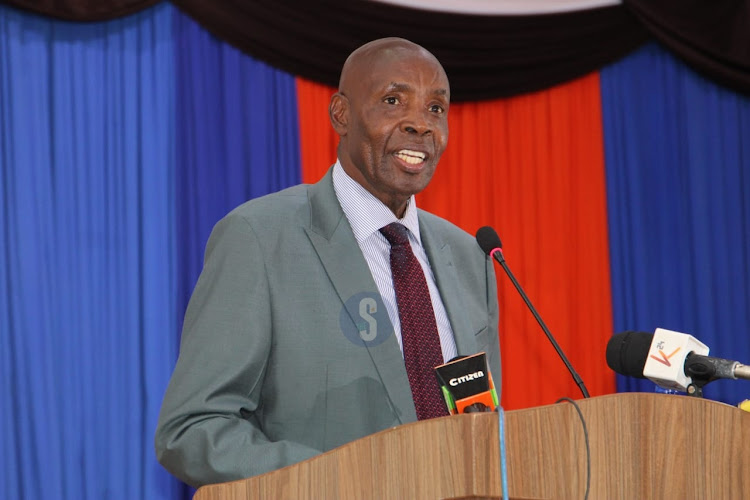 Education Cabinet Secretary Ezekiel Machogu speaking during the release of pending CBET result slips, certificates and November/December 2023 assessment series results at KSTVET, Nairobi on March 7, 2024.