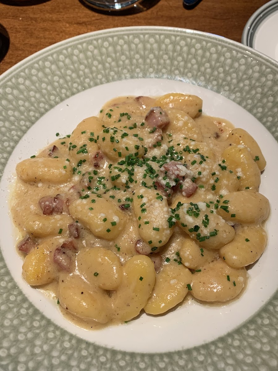 GF gnochi in the carbonara sauce