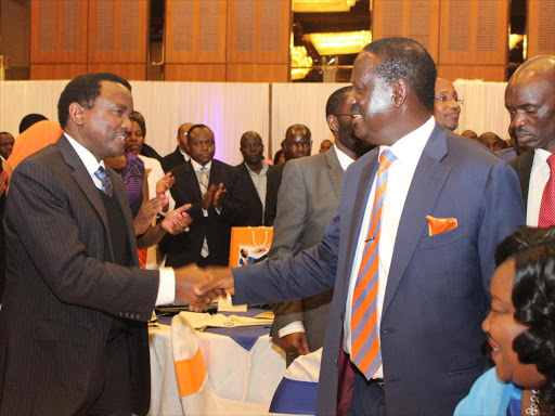 Cord principals Kalonzo Musyoka with Raila Odinga during ODM's 10th anniversary celebrations in Nairobi on Friday 2,2016. /ENOS TECHE